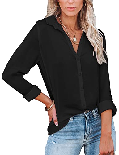 UMIPUBO Womens Casual Long Sleeve Tops V Neck Shirt Elegant Button Down Blouse Basic Loose Ladise Tunic T Shirts (Black, L)