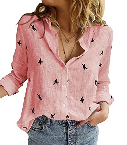 Women's Blouse Casual Long Sleeve Shirts V Neck Button Down Basic Loose Tunic Tops (Pink, M)