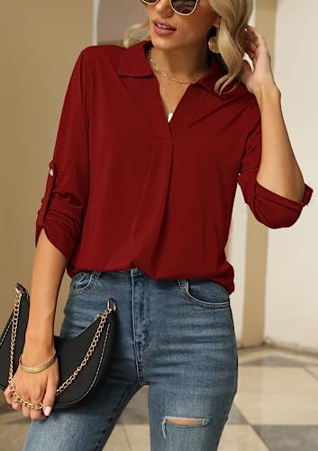 Women Shirts & Blouses Professional Work Office Wear Business Casual Tops Long Sleeve V Neck Chiffon Novelty T Shirts A-Wine Red