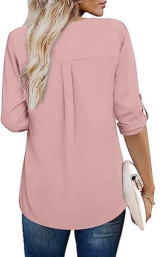 Aokosor Womens Blouses Ladies V Neck Long Sleeve Tops Chiffon Tunics Hot Pink 18-20