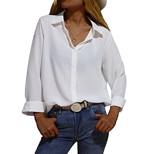 Zahala Battery Womens Button Down V Neck Shirts Chiffon Long Sleeved Loose Fit Blouse Summer Elegant Tops(White,L)