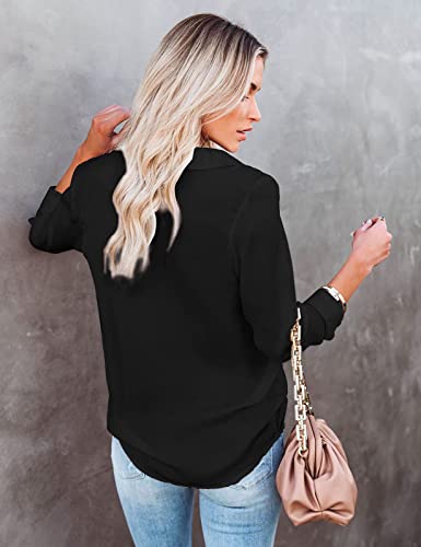 UMIPUBO Womens Casual Long Sleeve Tops V Neck Shirt Elegant Button Down Blouse Basic Loose Ladise Tunic T Shirts (Black, L)