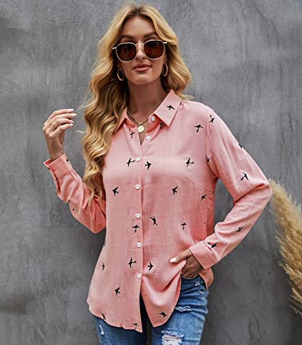 Women's Blouse Casual Long Sleeve Shirts V Neck Button Down Basic Loose Tunic Tops (Pink, M)