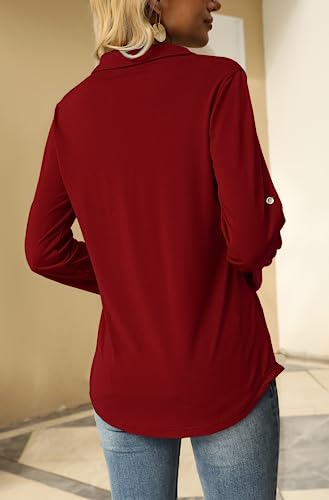 Women Shirts & Blouses Professional Work Office Wear Business Casual Tops Long Sleeve V Neck Chiffon Novelty T Shirts A-Wine Red
