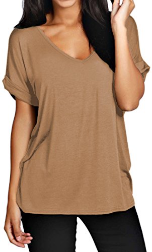 Womens Oversize Fit V Neck Top Ladies Baggy Plus Size Batwing Casual T Shirt sizes 8-24 (XL UK 16-18, Camel Beige)