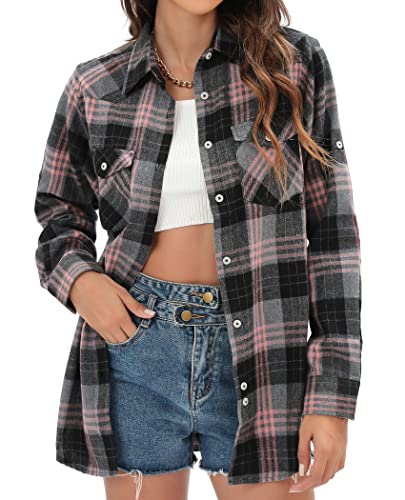 J.VER Women Grey Pink Flannel Checked Shirt Long Sleeve Cotton Boyfriend Casual Plaid Shirt Ladies Button Down Blouse Top with Pockets L