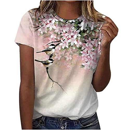 Women Vintage Floral Butterfly Printed Crew Neck T Shirt Summer Tops Casual Loose Short Sleeve Graphic Tees T-Shirt Tunic Blouse - Women's Summer T-Shirt Flowy Pullover Shirts Casual Loose Blouse