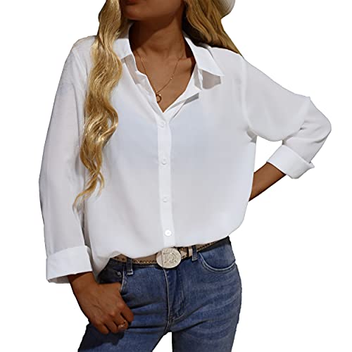 Zahala Battery Womens Button Down V Neck Shirts Chiffon Long Sleeved Loose Fit Blouse Summer Elegant Tops(White,L)