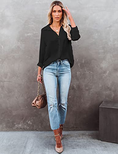 UMIPUBO Womens Casual Long Sleeve Tops V Neck Shirt Elegant Button Down Blouse Basic Loose Ladise Tunic T Shirts (Black, L)