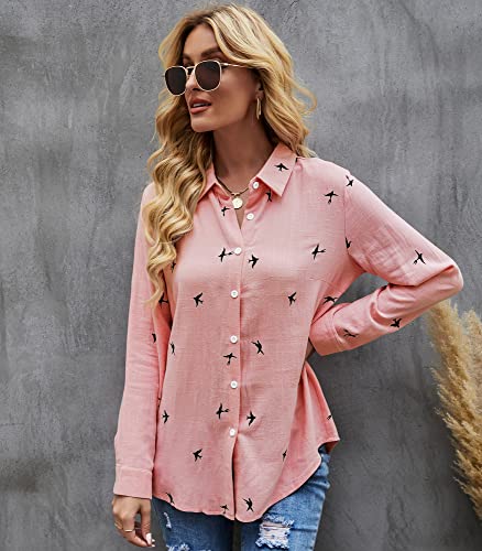 Women's Blouse Casual Long Sleeve Shirts V Neck Button Down Basic Loose Tunic Tops (Pink, M)