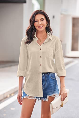 Hotouch Womens Button Down Long Sleeve Shirt Casual Office Shirts Loose V Neck Blouses Beige L