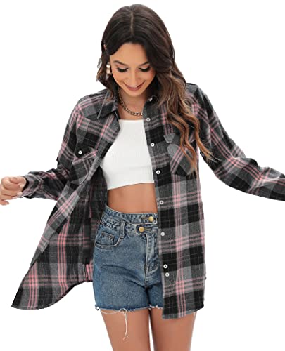 J.VER Women Grey Pink Flannel Checked Shirt Long Sleeve Cotton Boyfriend Casual Plaid Shirt Ladies Button Down Blouse Top with Pockets L