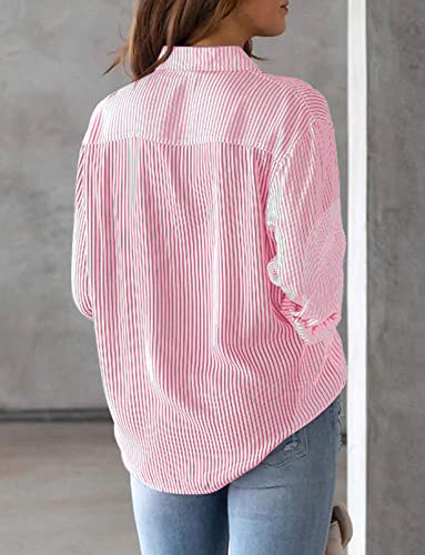 Womens Blouses Tops Stylish Tunic Linen Shirt Tops Causal Striped V Neck Tunic Tops Office Work Blouses Basic Shirts Button Down Shirt Long Sleeve Tops Pink L