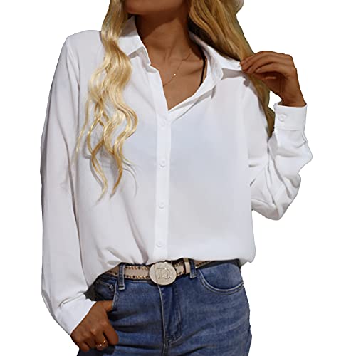 Zahala Battery Womens Button Down V Neck Shirts Chiffon Long Sleeved Loose Fit Blouse Summer Elegant Tops(White,L)