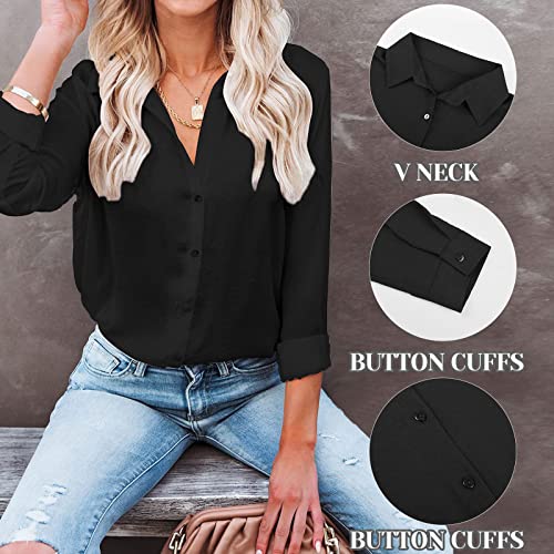 UMIPUBO Womens Casual Long Sleeve Tops V Neck Shirt Elegant Button Down Blouse Basic Loose Ladise Tunic T Shirts (Black, L)