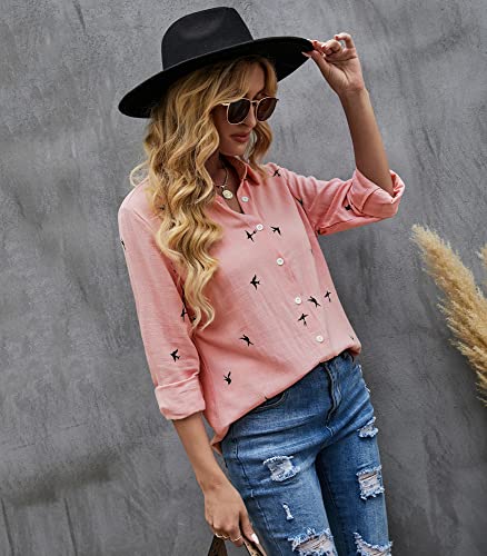 Women's Blouse Casual Long Sleeve Shirts V Neck Button Down Basic Loose Tunic Tops (Pink, M)