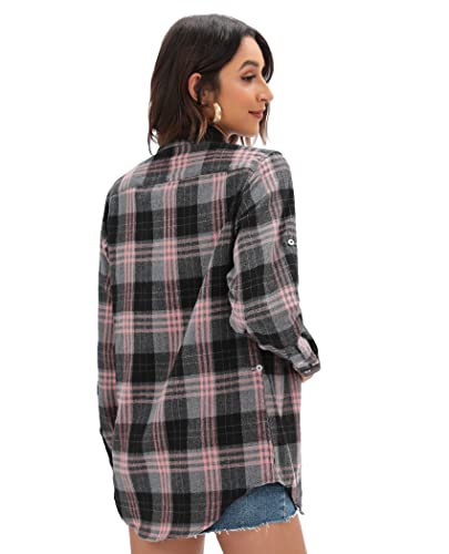 J.VER Women Grey Pink Flannel Checked Shirt Long Sleeve Cotton Boyfriend Casual Plaid Shirt Ladies Button Down Blouse Top with Pockets L