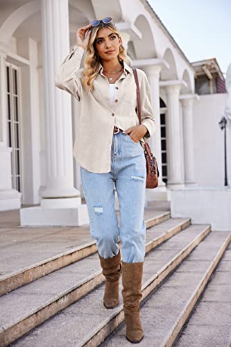 Hotouch Womens Button Down Long Sleeve Shirt Casual Office Shirts Loose V Neck Blouses Beige L