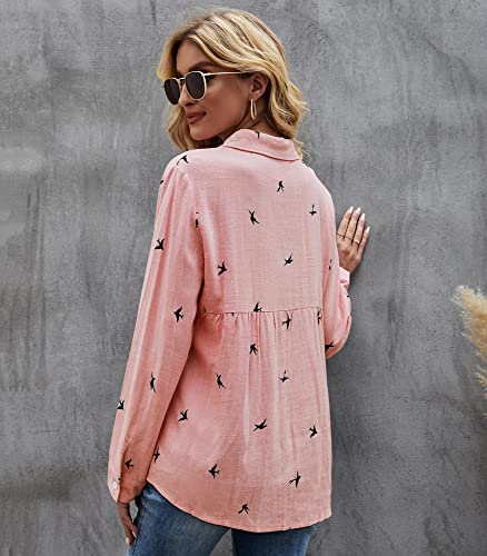 Women's Blouse Casual Long Sleeve Shirts V Neck Button Down Basic Loose Tunic Tops (Pink, M)