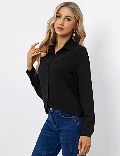 UMIPUBO Womens Casual Long Sleeve Tops V Neck Shirt Elegant Button Down Blouse Basic Loose Ladise Tunic T Shirts (Black, L)