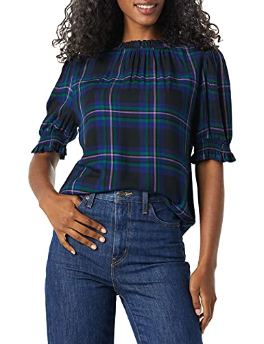 Amazon Essentials Women's Fluid Twill Short Puff Sleeve Smock Detail Shirt, Black Blue Chelsea Tartan, XL