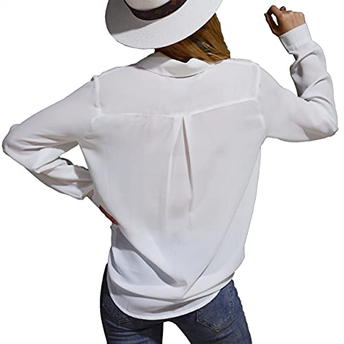 Zahala Battery Womens Button Down V Neck Shirts Chiffon Long Sleeved Loose Fit Blouse Summer Elegant Tops(White,L)