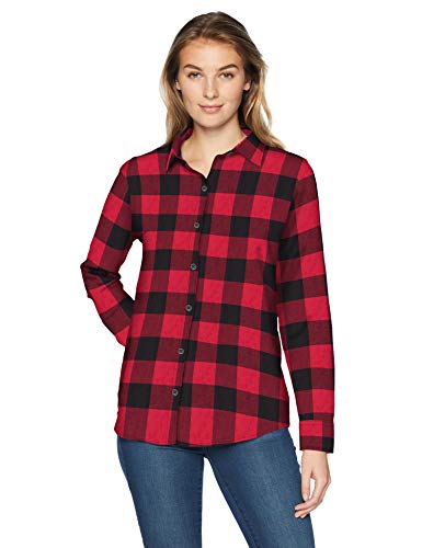Amazon Essentials Women's Classic-Fit Long-Sleeve Lightweight Plaid Flannel Shirt, Red Buffalo Check, M