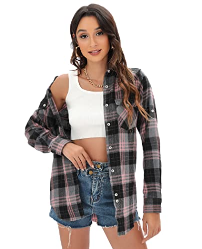 J.VER Women Grey Pink Flannel Checked Shirt Long Sleeve Cotton Boyfriend Casual Plaid Shirt Ladies Button Down Blouse Top with Pockets L