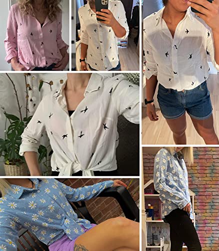 Women's Blouse Casual Long Sleeve Shirts V Neck Button Down Basic Loose Tunic Tops (Pink, M)