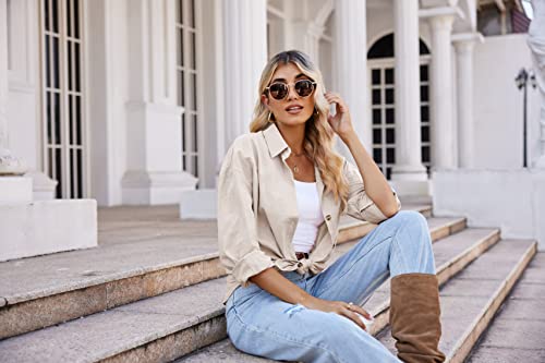 Hotouch Womens Button Down Long Sleeve Shirt Casual Office Shirts Loose V Neck Blouses Beige L