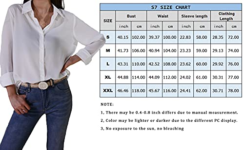 Zahala Battery Womens Button Down V Neck Shirts Chiffon Long Sleeved Loose Fit Blouse Summer Elegant Tops(White,L)