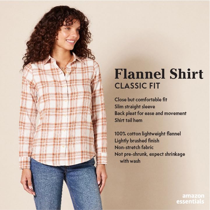 Amazon Essentials Women's Classic-Fit Long-Sleeve Lightweight Plaid Flannel Shirt, Red Buffalo Check, M