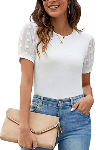 Blooming Jelly Womens Casual Tops Short Sleeve T Shirts Round Neck Summer Tops Elegant Blouses Work Shirts White