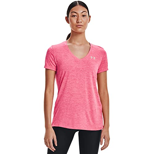 Under Armour Women's Tech - Twist Short sleeve breathable running shirt for women ultra light t with loose fit, Cerise Pink Lemonade Metallic Silver, M UK