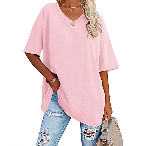Famulily Ladies Summer Basic Oversized Tops T Shirt Women Casual V Neck Half Sleeve Tee Tops Pink XL