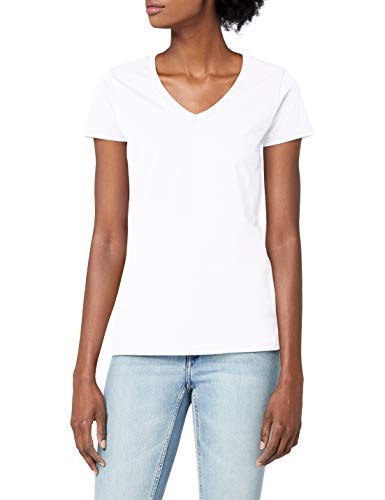 FRUIT OF THE LOOM Women's V-neck Valueweight T Shirt, White, L UK