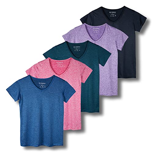 5 Pack: Womens V Neck T-Shirt Ladies Yoga Top Athletic Tees Active Wear Gym Workout Zumba Exercise Running Essentials Quick Dry Fit Dri Fit Moisture Wicking Basic Clothes - Set 7,XL