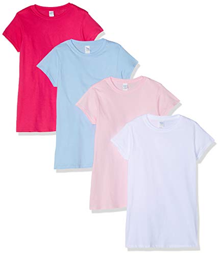 GILDAN 4 Pack Softstyle Womens Mixed Pack T Shirt Workwear Wholesale Tshirts and Colours (XXL Womens Dress Size 14-16, Light Pink, White, Light Blue, Hot Pink)