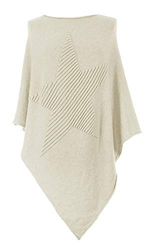 Women Italian Soft Knit Ribbed Star Poncho Cape Wrap Kaftan Sweater Jumper Top (Beige, UK XL)