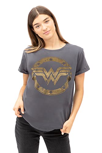 DC Comics Women's Metallic Logo T Shirt, Charcoal Grey, 10 UK
