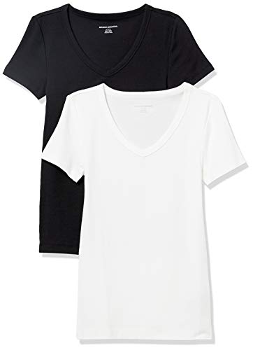 Amazon Essentials Women's Slim-Fit Short-Sleeve V-Neck T-Shirt, Pack of 2, Black/White, S