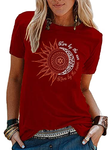 Colisha Women T-Shirt Sunflower Print Pattern Short Sleeve Round Neck Basic Tee Shirts Ladies Casual Summer Top XL Sun Moon Wine Red