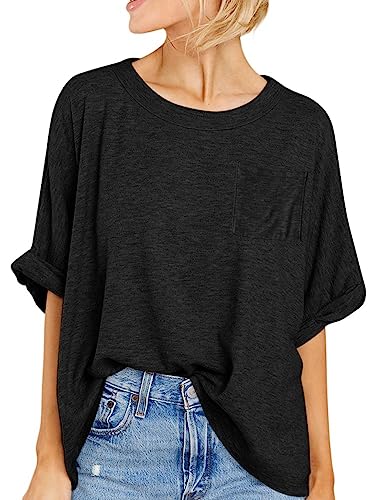 Famulily Women Baggy Tee Shirts Summer Short Sleeve Crew Neck T Shirt Loose Fitted Tops for Women Black XL