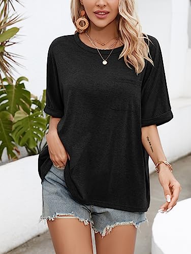 Famulily Women Baggy Tee Shirts Summer Short Sleeve Crew Neck T Shirt Loose Fitted Tops for Women Black XL