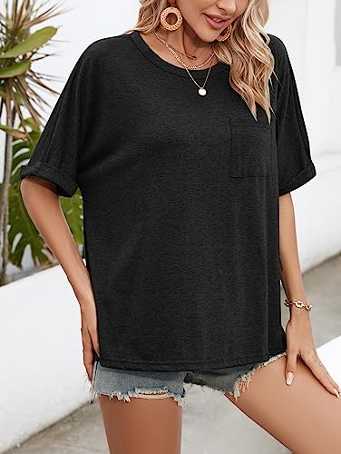 Famulily Women Baggy Tee Shirts Summer Short Sleeve Crew Neck T Shirt Loose Fitted Tops for Women Black XL