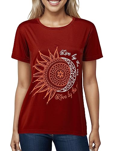 Colisha Women T-Shirt Sunflower Print Pattern Short Sleeve Round Neck Basic Tee Shirts Ladies Casual Summer Top XL Sun Moon Wine Red