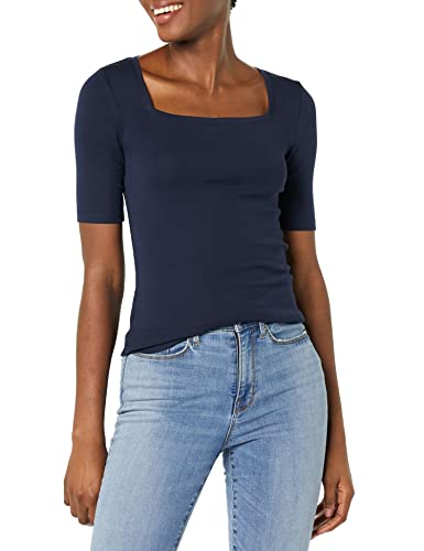 Amazon Essentials Women's Slim-Fit Half Sleeve Square Neck T-Shirt, Navy, M