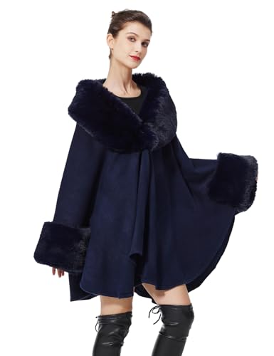 BEAUTELICATE Knitted Cape Coat Women’s Stylish Cardigan Knit Cloak Poncho Shawl Wrap With Faux Fur Collar for Autumn Winter Wedding Bride Bridesmaids(One size, Navy Blue)