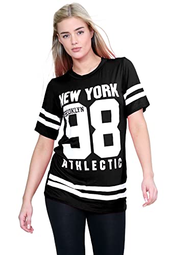 janisramone Womens Ladies New Baseball Newyork 98 Brooklyn Stripe Print Oversized Baggy T Shirt Top Black
