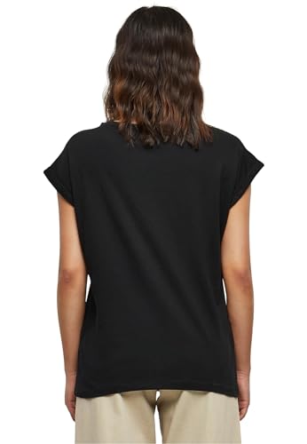 Urban Classics Women's Ladies Extended Shoulders Tee Basic T Shirt with Capsleeves Shortsleeve T Shirt Top Crew Neck, Black, M UK